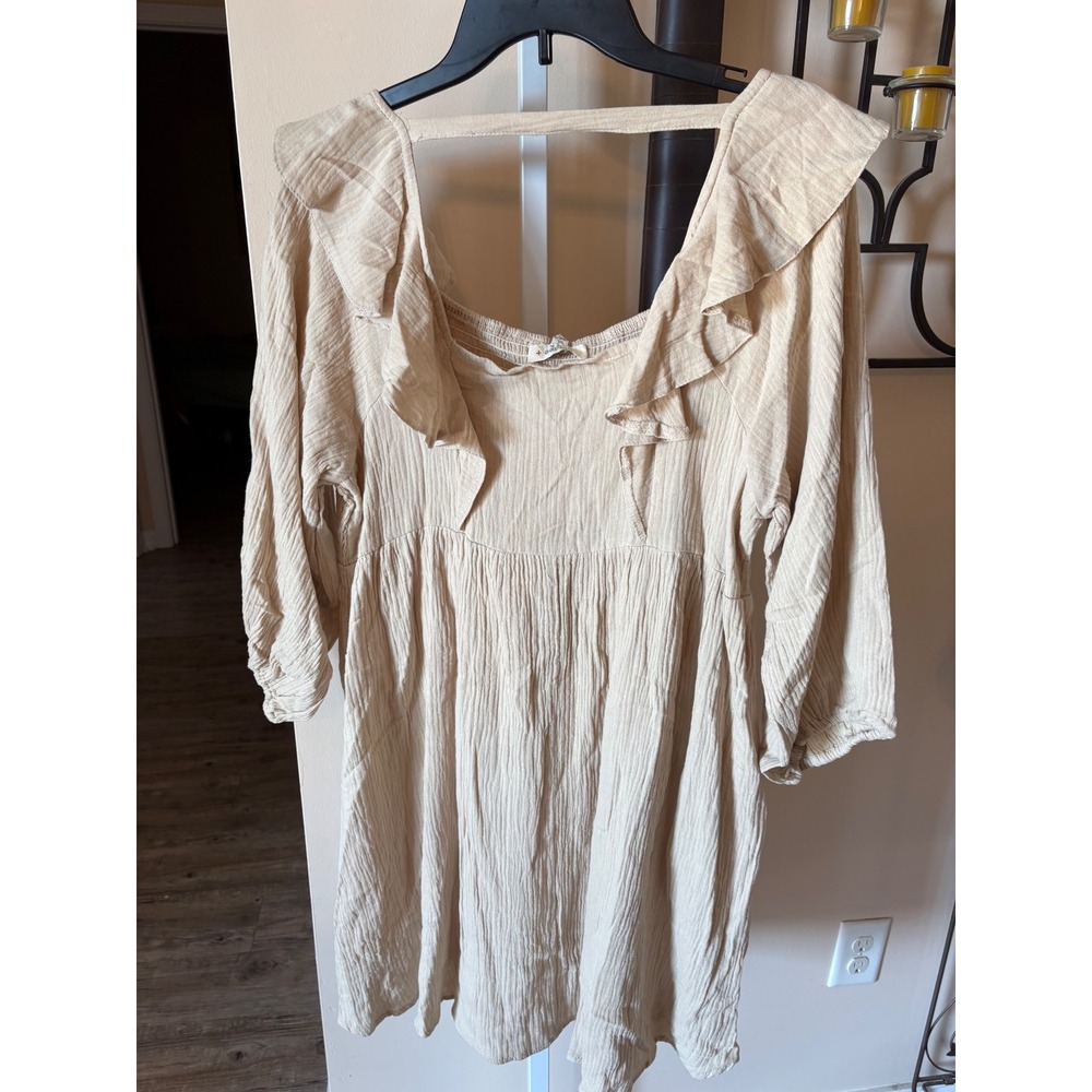 Umgee USA Plus Size 1XL Smocked Ruffle Gauze Babydoll Dress Beige Boho 3/4 Slv - Picture 7 of 7